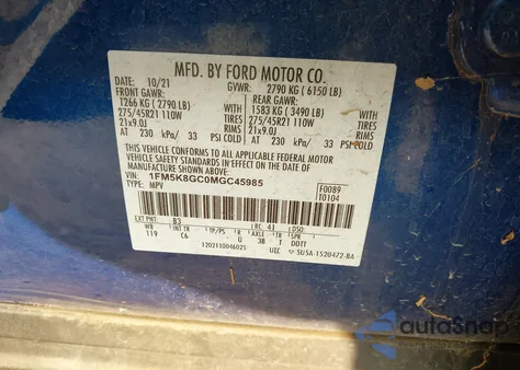 2021 Ford Explorer St z USA, uszkodzony, nr VIN 1FM5K8GC0MGC45985